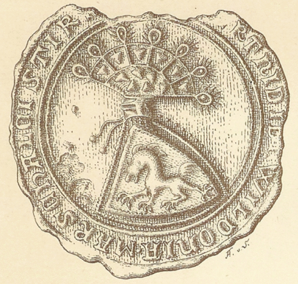 Risba pečata štajerskega maršala Hertnida III. Wildonskega iz leta 1278. Alfred Ritter Anthony von Siegenfeld, Das Landeswappen der Steiermark, Gradec, 1900.