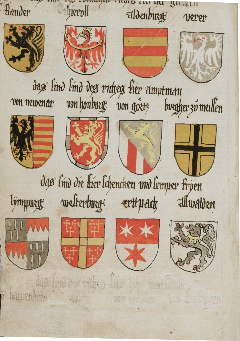 Grb Goriških v cesarski službi, tretji v drugi vrsti. St. Gallen, Stiftsbibliothek, Cod. Sang. 1084, str. 27.