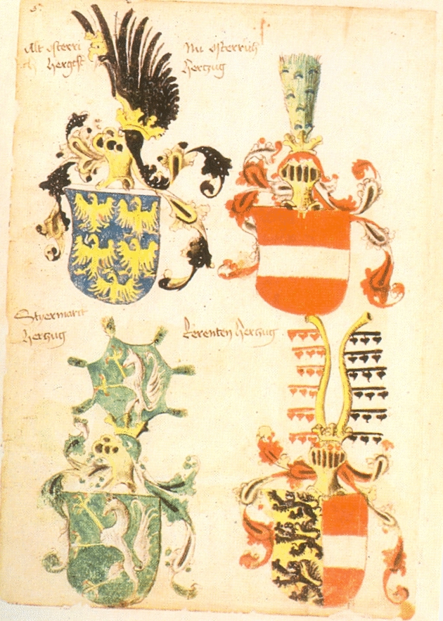 V spodnji vrsti sta grba vojvode Štajerske in Koroške. Ingeram Codex.
