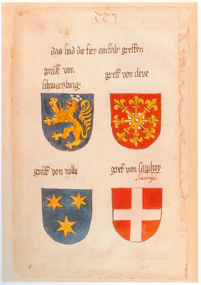 Levo spodaj je grb Celjskega grofa. Ingeram Codex.