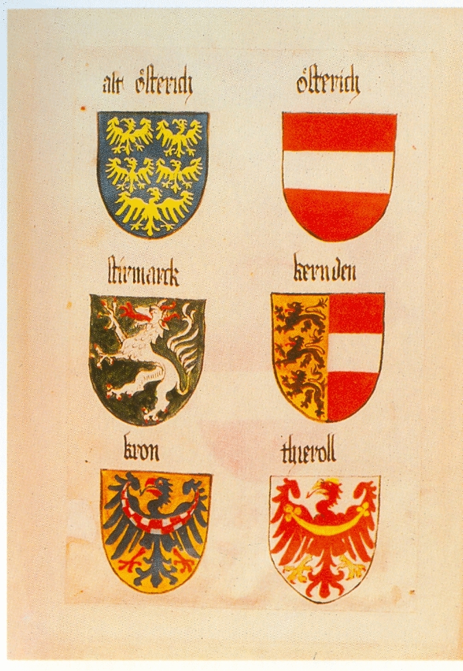 V drugi vrsti sta grba Štajerske in Koroške, levo spodaj pa grb Kranjske. Ingeram Codex.