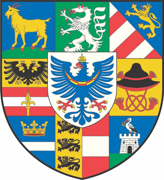 Mali državni grb sestavljen iz zgodovinskih dežel in pokrajin. Avtor risbe: Aleksander Hribovšek, 2013.