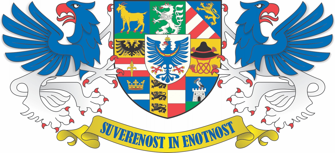 Srednji državni grb sestavljen iz zgodovinskih dežel in pokrajin. Avtor risbe: Aleksander Hribovšek, 2013.