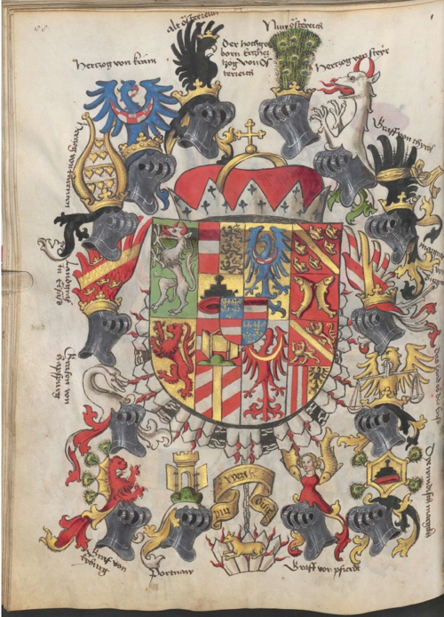 Grb cesarja Friderika III. in njegovih dednih dežel iz Bayerische Staatsbibliothek München, Cgm 145 - Das Wappenbuch Conrads von Grünenberg, Ritters und Bürgers zu Constanz, ok. 1480, str. 94.