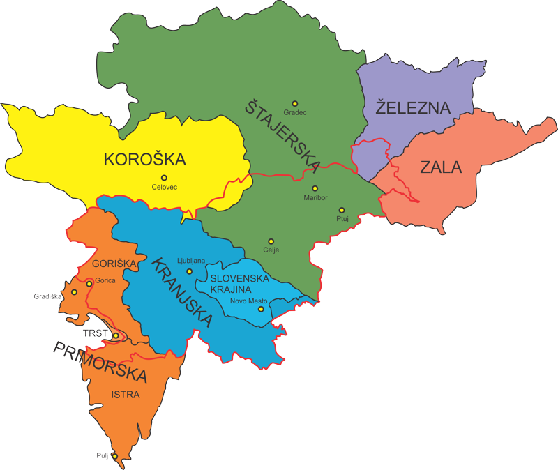 Zemljevid slovenskih zgodovinskih dežel in pokrajin ok. leta 1900.
