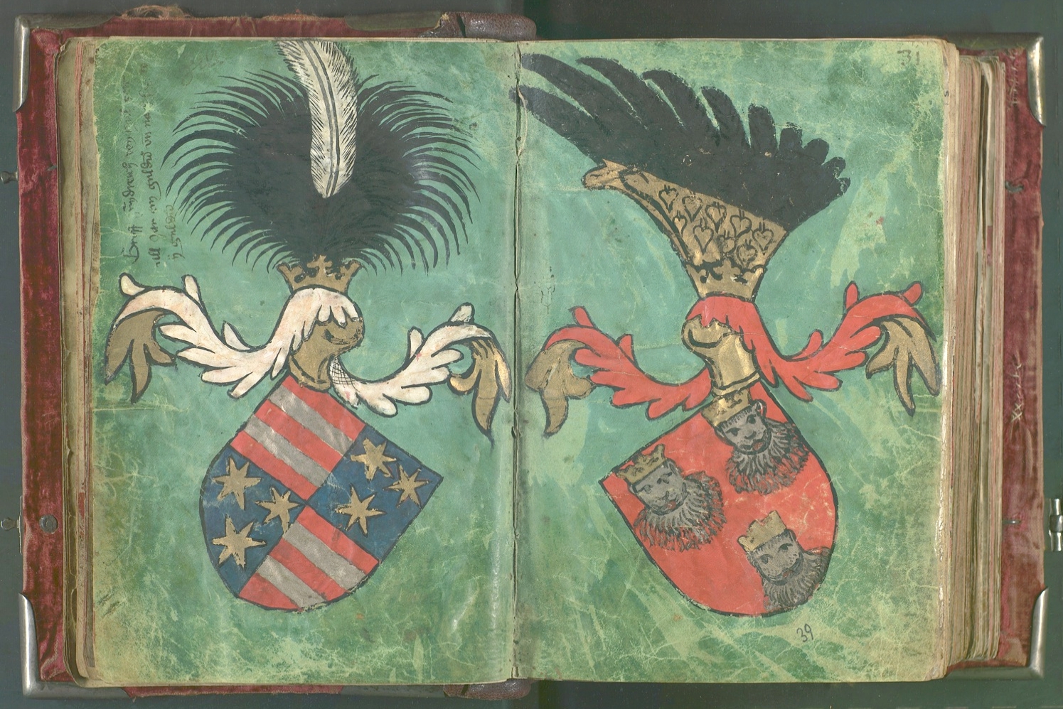 Grba Celjskih iz Hauptbuch der Bruderschaft St. Christoph auf dem Arlberg, Handschrift Weiss 242 Wiener Handschrift, Haus-, Hof- und Staatsarchiv, Dunaj, začetek 15. stoletja, str. 30v-31r.