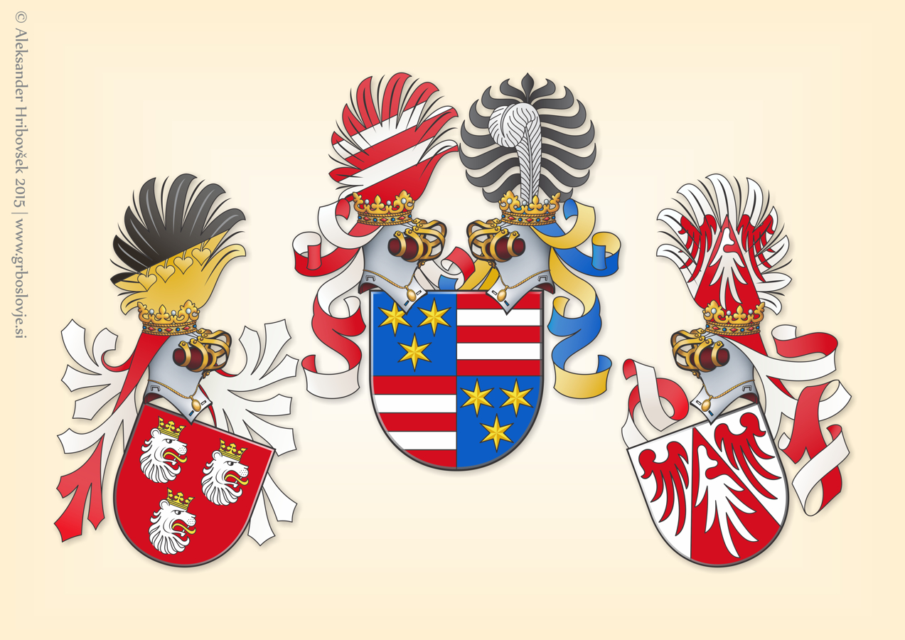 Kompozicija grbov pečatnika pokneženega grofa Ulrika II. iz leta 1443. Avtor: Aleksander Hribovšek, 2015.