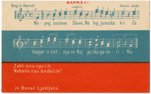 Dopisnica s slovensko narodno zastavo in himno. Iz arhiva Muzeja in galerij mesta Ljubljane.