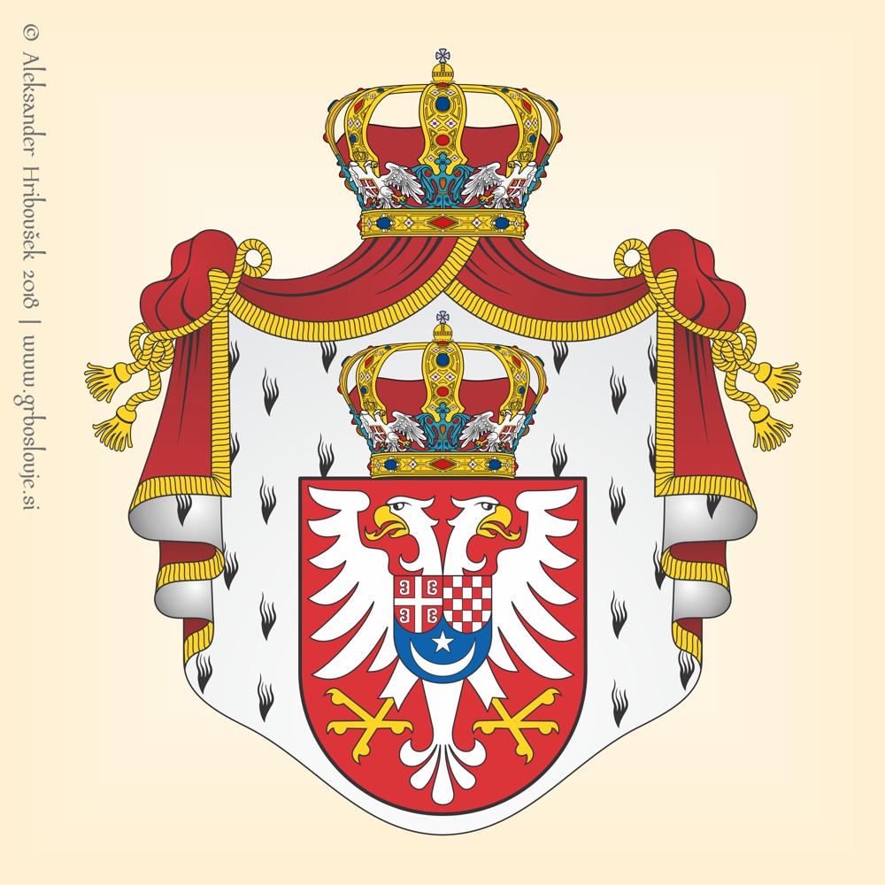 Prvotni predlog grba Kraljevine SHS, v katerem sta v slovenskem polju srebrna zvezda in polmesec, ki je bil neuradno v uporabi 1918-1921. Avtor: Aleksander Hribovšek, 2018.