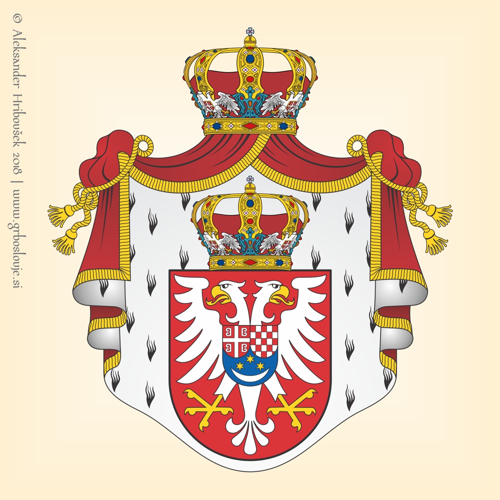 Grb Kraljevine SHS/Jugoslavije, v katerem so v slovenskem polju tri zlate zvezde in polmesec, ki je bil v uporabi od leta 1921 dalje. Avtor: Aleksander Hribovšek, 2018.