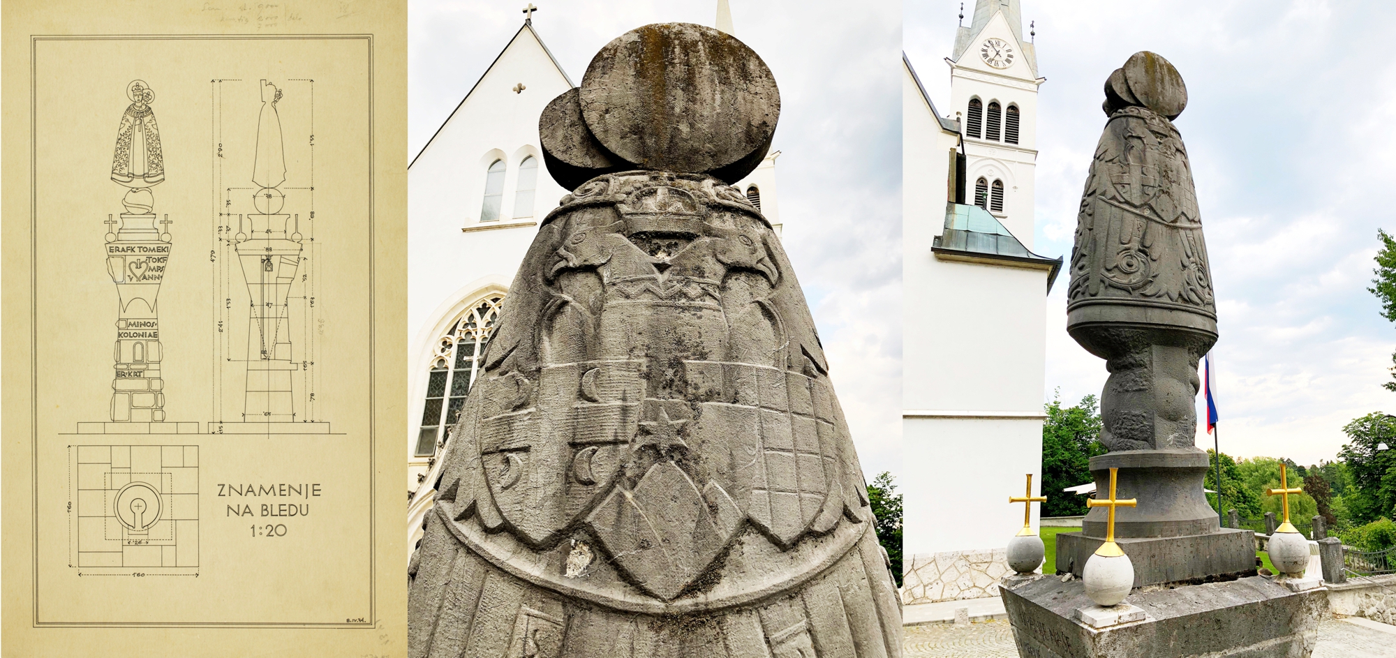 Načrt Plečnikovega Marijinega znamenja na Bledu iz leta 1934 ter fotografiji izpred župnijske cerkve sv. Martina. Načrt je iz arhiva Muzeja in galerij mesta Ljubljane, fotografiji Aleksander Hribovšek, 2018.