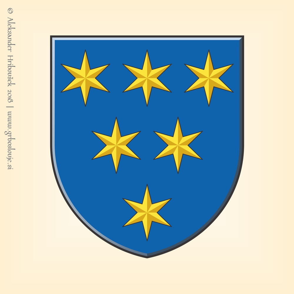 Upodobitev Plečnikovega predloga grba Slovenije, ki ga je izdelal na prošnjo Narodnega odbora za Slovenijo v začetku maja 1945. Avtor: Aleksander Hribovšek, 2018.