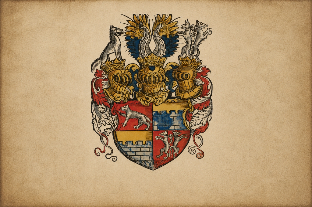 Grb Ungnada barona Ženeškega s tremi šlemi (Zacharias Bartsch, 1567).