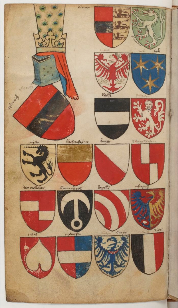 Grbi avstrijskega vojvode in njegovih vazalov. Grb Kranjske je na dnu, drugi iz desne. Knjiga grbov Bellenville ok. 1370-1380 / Vir: https://gallica.bnf.fr/ark:/12148/btv1b8470169b/f56.image