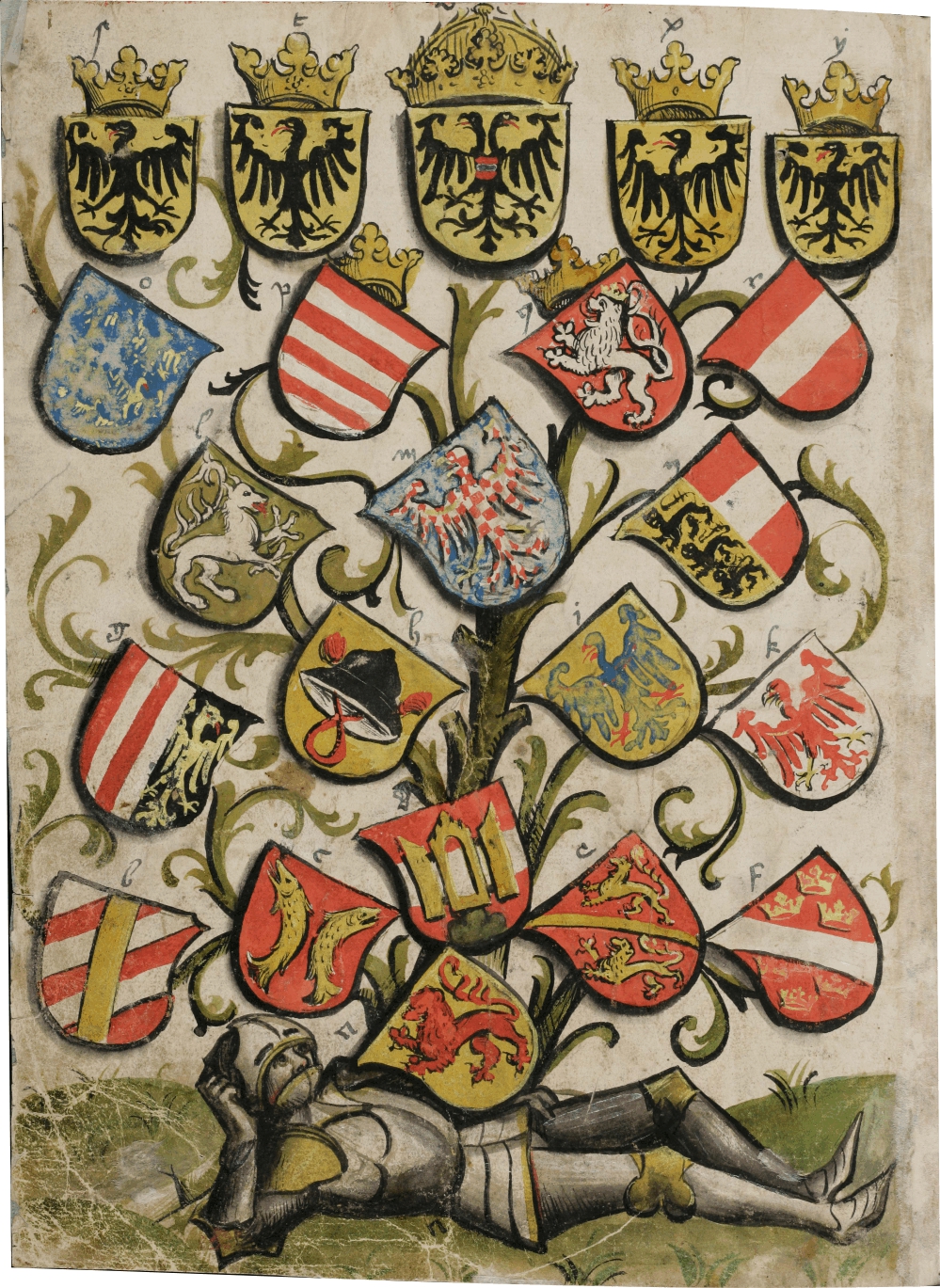 Grb Slovenske krajine je drugi v četrti vrsti. St. Gallen, Stiftsbibliothek, Cod. Sang. 1084, 1488, str. 1, http://www.e-codices.unifr.ch.
