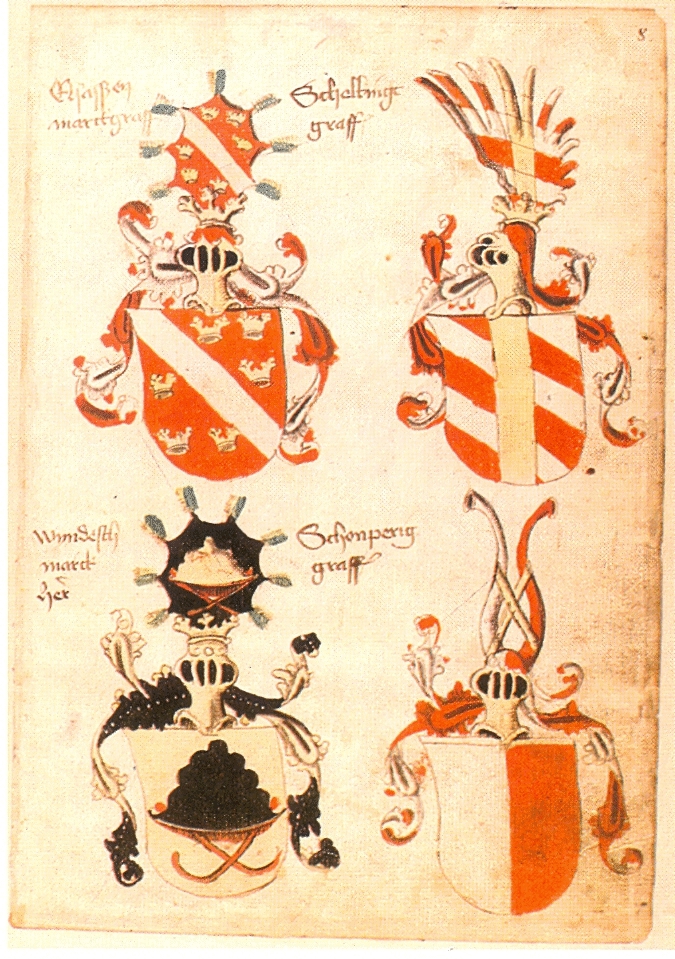 Grb gospoda Slovenske krajine je levo spodaj. Knjiga grbov avstrijskega vojvode Albrehta VI. imenovana tudi Ingeram Codex, 1459, str. I.