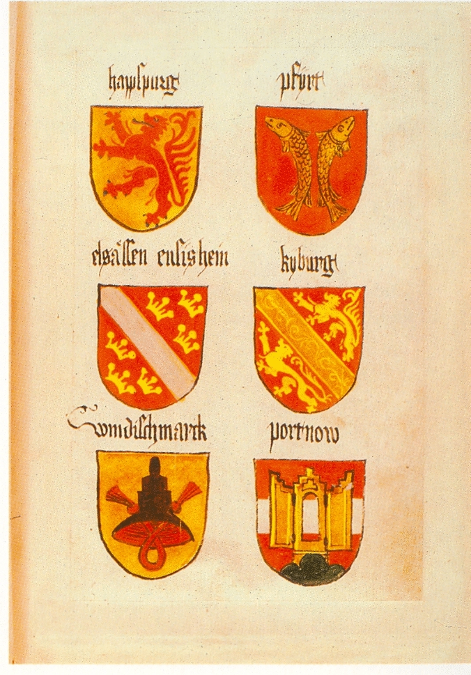 Grb Slovenske krajine je levo spodaj. Knjiga grbov avstrijskega vojvode Albrehta VI. imenovana tudi Ingeram Codex, 1459, str. XXXVij.
