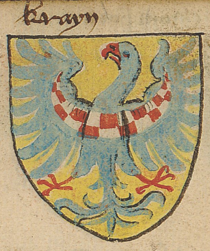 Grb Kranjske iz približno leta 1440. Ena zgodnejših podob grba s ščitovim poljem v zlati barvi. Herold Hendrik van Heesel, 1440, str. 39.