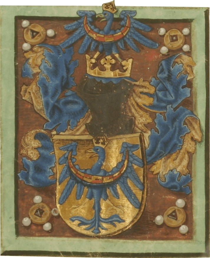 Izboljšani grb dežele Kranjske iz leta 1463. Grb je upodobljen na listini s katero je cesar Friderik III. v zahvalo, ker so mu kranjski plemiči priskočili na pomoč v obleganem Dunaju, izboljšal deželni grb. Arhiv RS - SI AS 1063, Zbirka listin, št. 716 (1463, januar 12., Dunajsko Novo mesto). Pogodba o trajni uporabi reprodukcije arhivske listine na spletnem portalu www.grboslovje.si.