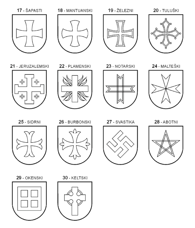 Nekaj osnovnih oblik heraldičnega križa.