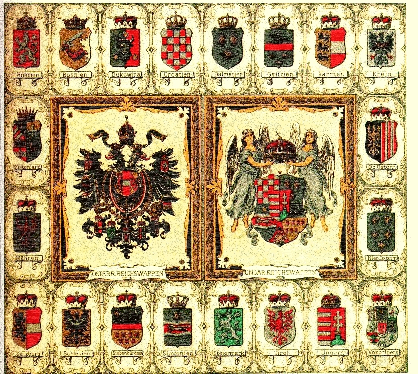 Tabela z grbom Avstrije in Ogrske ter ozemlji po letu 1867, v sklopu stalne razstave Pokrajinskega muzeja Murska Sobota, 2007. Grb Primorske (Küstenland) je drugi v levi koloni.