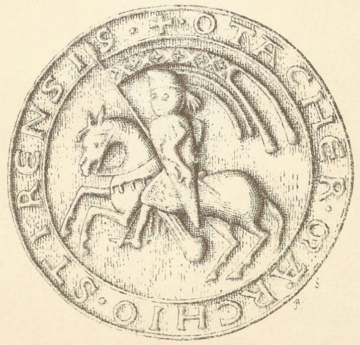 Risba pečata mejnega grofa Otokarja III. Travenskega (1129-1164) iz ustanovne listine Špitala na Semeringu 1160. Alfred Ritter Anthony von Siegenfeld, Das Landeswappen der Steiermark, Gradec, 1900, po originalu iz graškega deželnega arhiva.
